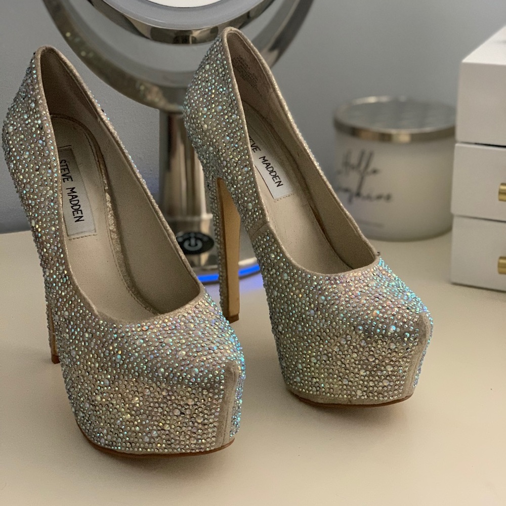 Silver, rhinestone studded Steve Madden heels